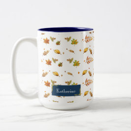 Blue Monogram Fall Leaf Erntedank Zweifarbige Tasse