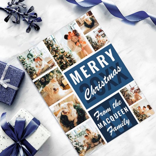 Blue Monogram Family Foto Collage Weihnachten Karte