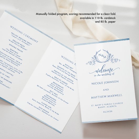 Blue Monogram Folding Wedding Zeremony Program