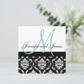 Blue Monogram Names Damask Hochzeit Einladung (Stehend Vorderseite)