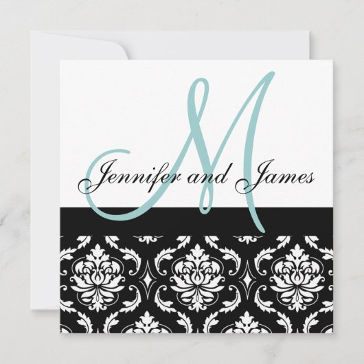 Blue Monogram Names Damask Hochzeit Einladung (Vorderseite)