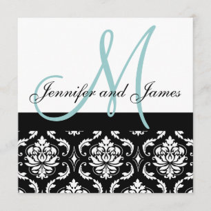 Blue Monogram Names Damask Hochzeit Einladung