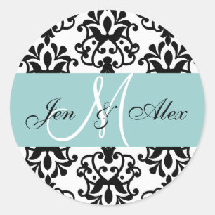 Blue Monogram Names Damask Wedding Siegel Runder Aufkleber