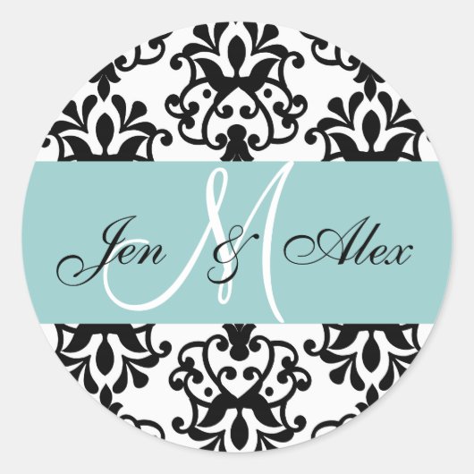 Blue Monogram Names Damask Wedding Siegel Runder Aufkleber (Vorderseite)