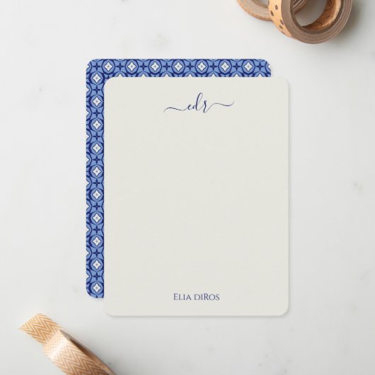 Blue Monogram Note Card Mitteilungskarte (Vorderseite/Rückseite Beispiel)