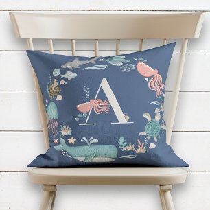 Blue Monogram Ocean Animals Alphabet Letter Kissen