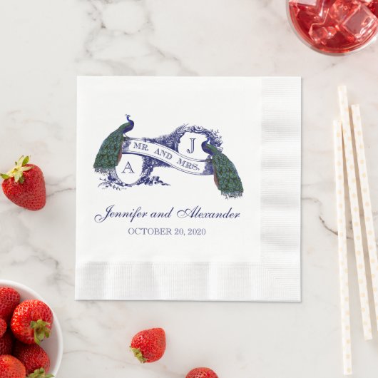 Blue Monogram Peacock Wedding Paper Napkins Serviette (Beispiel)