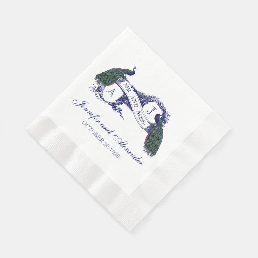 Blue Monogram Peacock Wedding Paper Napkins Serviette (Ecke)