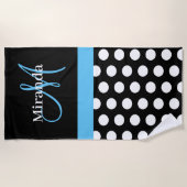 Blue Monogram Schwarz-weiß Polka Dot Beach Handtuc Strandtuch (Vorderseite)