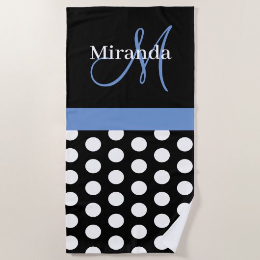 Blue Monogram Schwarz-weiß Polka Dot Beach Handtuc Strandtuch (Vorderseite)