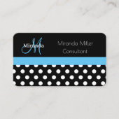 Blue Monogram Schwarz-weiß Polka Dot Business Card Visitenkarte (Vorderseite)