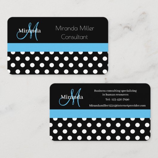 Blue Monogram Schwarz-weiß Polka Dot Business Card Visitenkarte (Vorne/Hinten)