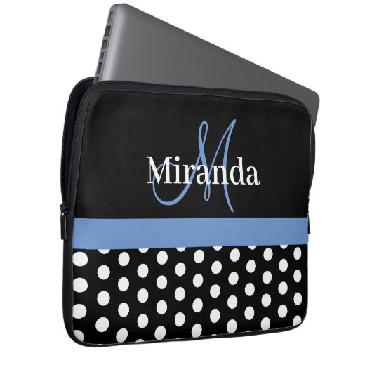 Blue Monogram Schwarz-weiß Polka Dot Laptopschutzhülle (Vorne Rechts)
