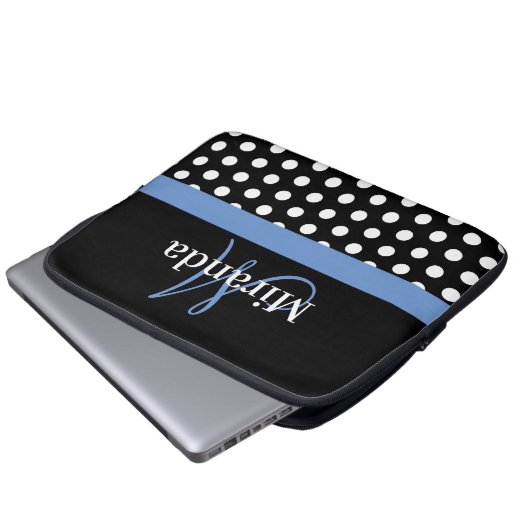 Blue Monogram Schwarz-weiß Polka Dot Laptopschutzhülle (Vorne Knopf)
