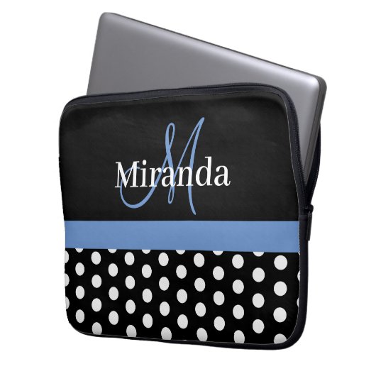 Blue Monogram Schwarz-weiß Polka Dot Laptopschutzhülle (Vorderseite Links)