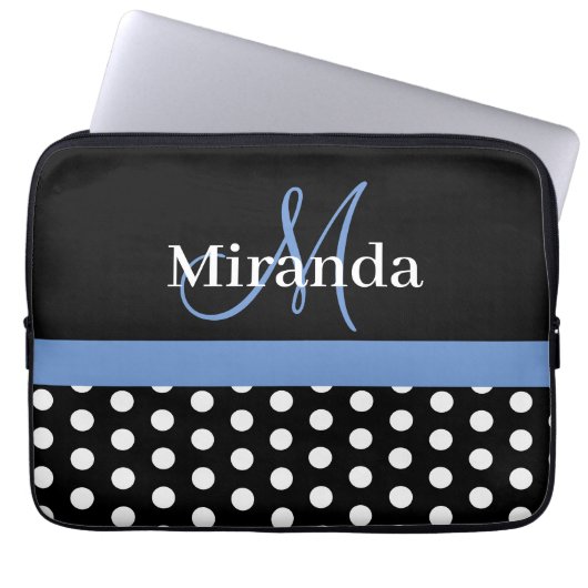 Blue Monogram Schwarz-weiß Polka Dot Laptopschutzhülle (Vorderseite)