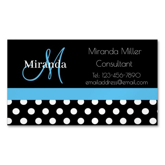 Blue Monogram Schwarz-weiß Polka Dot Magnetische Visitenkarte (Vorderseite)