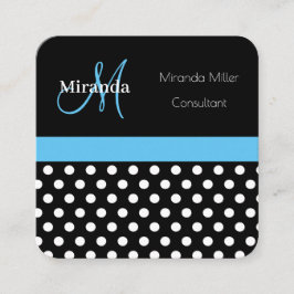 Blue Monogram Schwarz-weiß Polka Dot Quadratische Visitenkarte
