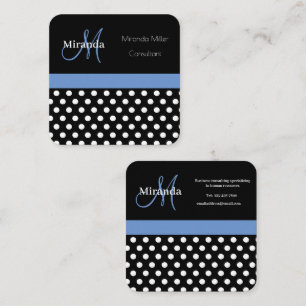 Blue Monogram Schwarz-weiß Polka Dot Quadratische Visitenkarte