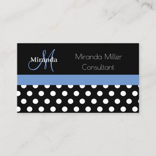 Blue Monogram Schwarz-weiß Polka Dot Visitenkarte (Vorderseite)