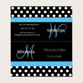 Blue Monogram Schwarz-weiß Polka Dot Visitenkarten (Außenseite Aufgefaltet)