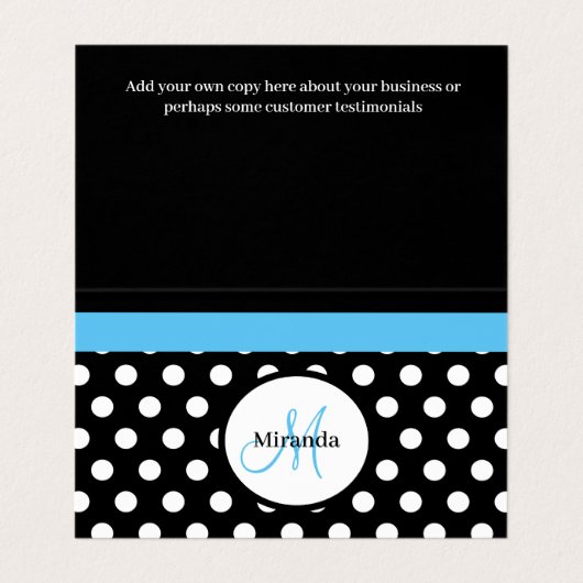 Blue Monogram Schwarz-weiß Polka Dot Visitenkarten (Innenseite Aufgefaltet)