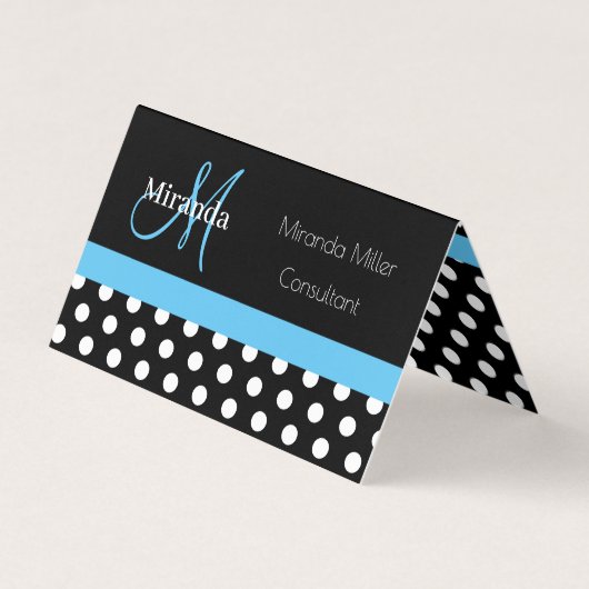 Blue Monogram Schwarz-weiß Polka Dot Visitenkarten (Vorderseite)