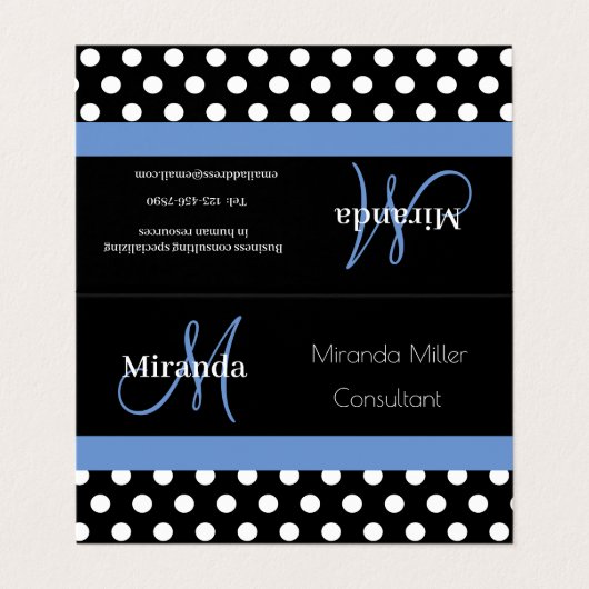 Blue Monogram Schwarz-weiß Polka Dot Visitenkarten (Außenseite Aufgefaltet)