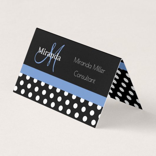 Blue Monogram Schwarz-weiß Polka Dot Visitenkarten (Vorderseite)