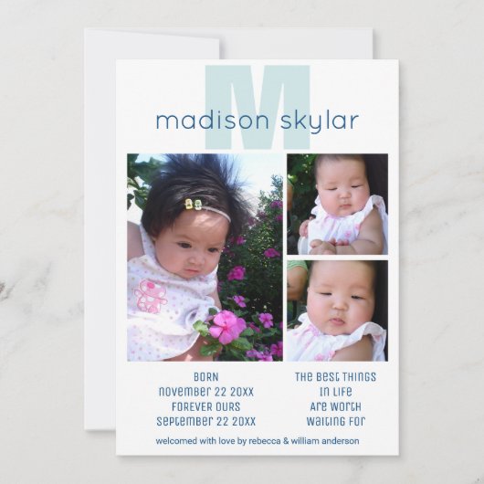 Blue Monogram Simple Adoption 3 Foto Collage Ankündigung (Vorderseite)