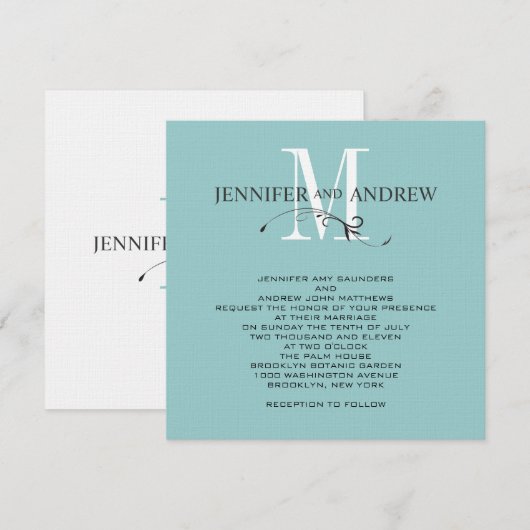 Blue Monogram und Names Wedding Einladung (Vorne/Hinten)