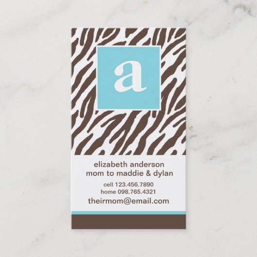 Blue Monogram und Zebra Print Telefonnummerkarte (Vorderseite)