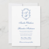 Blue Monogram Wappen & Formal Script Wedding Einladung (Vorderseite)