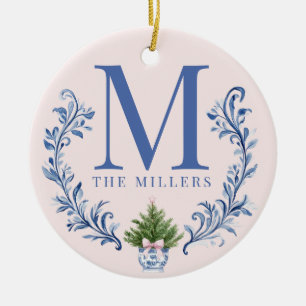 Blue Monogram Wappen mit Weihnachtsbaum Keramik Ornament