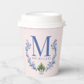 Blue Monogram Wappen mit Weihnachtsbaum Pappbecher (Vorderseite)