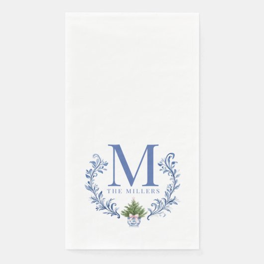 Blue Monogram Wappen mit Weihnachtsbaum Serviette (Vorderseite)
