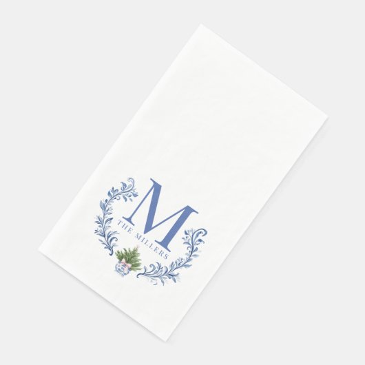 Blue Monogram Wappen mit Weihnachtsbaum Serviette (Ecke)