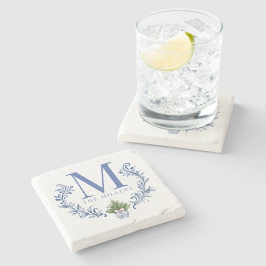 Blue Monogram Wappen mit Weihnachtsbaum Steinuntersetzer (Seitenansicht)