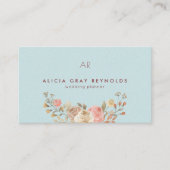 Blue Monogram Watercolor Floral Wedding Planner Visitenkarte (Vorderseite)