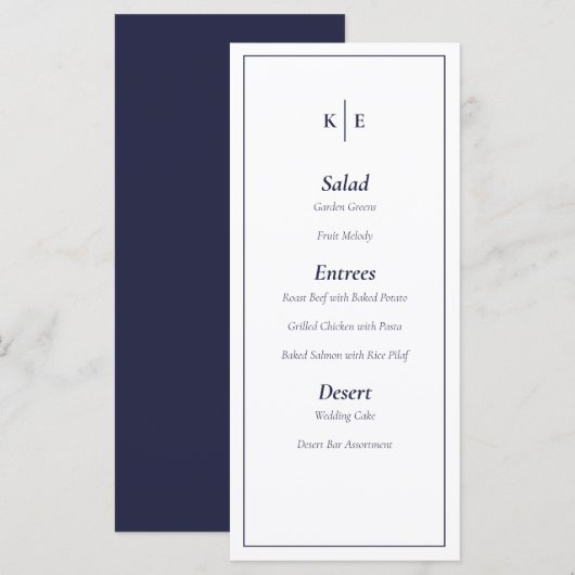 Blue Monogram Wedding Menu Card Menükarte (Vorne/Hinten)