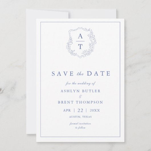 Blue Monogram Wedding Save the Date Einladung (Vorderseite)