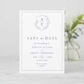 Blue Monogram Wedding Save the Date Einladung (Stehend Vorderseite)