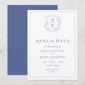 Blue Monogram Wedding Save the Date Einladung (Vorne/Hinten)