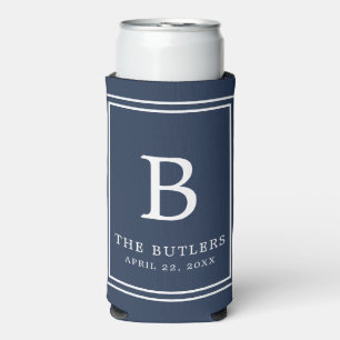 Blue Monogram Wedding Seltzer Can Cooler Selters Dosenkühler