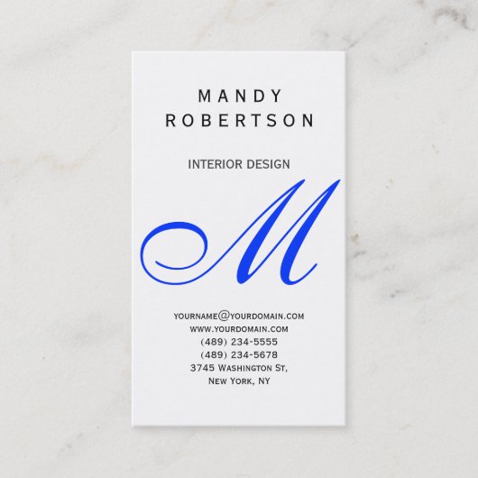 Blue Monogram White Interior Design Business Card Visitenkarte (Vorderseite)