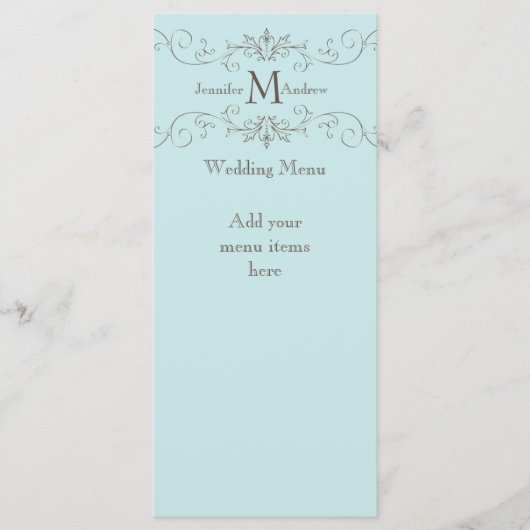 Blue Monogram Wirbel Wedding Menu Cards Menükarte (Vorderseite)