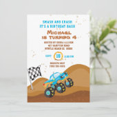 Blue Monster Truck 4. Geburtstag Racing Einladung (Stehend Vorderseite)