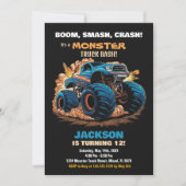 Blue Monster Truck Birthday Einladungen Black (Vorderseite)