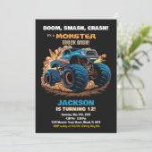 Blue Monster Truck Birthday Einladungen Black (Stehend Vorderseite)