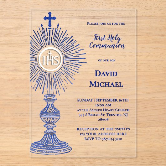 blue monstrance design | First Holy Communion Acryleinladungen (Vorderseite)